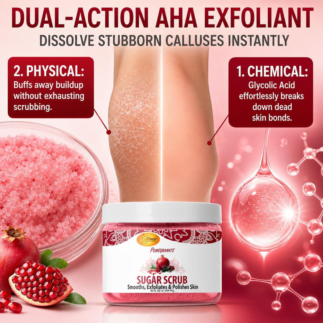 SPA REDI Pomegranate Glycolic Acid Body Scrub – AHA Exfoliant & Callus Remover for Dry, Sensitive Skin | Paraben-Free, Sulfate-Free, Cruelty-Free | Made in USA | 16 oz