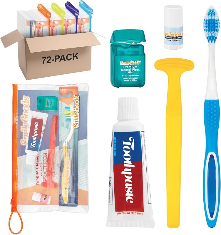 Practicon Smilegoods Adult Deluxe Dental Care Kit with Toothbrush, Toothpaste, Floss, Tongue Cleaner and Lip Balm, 72 pack