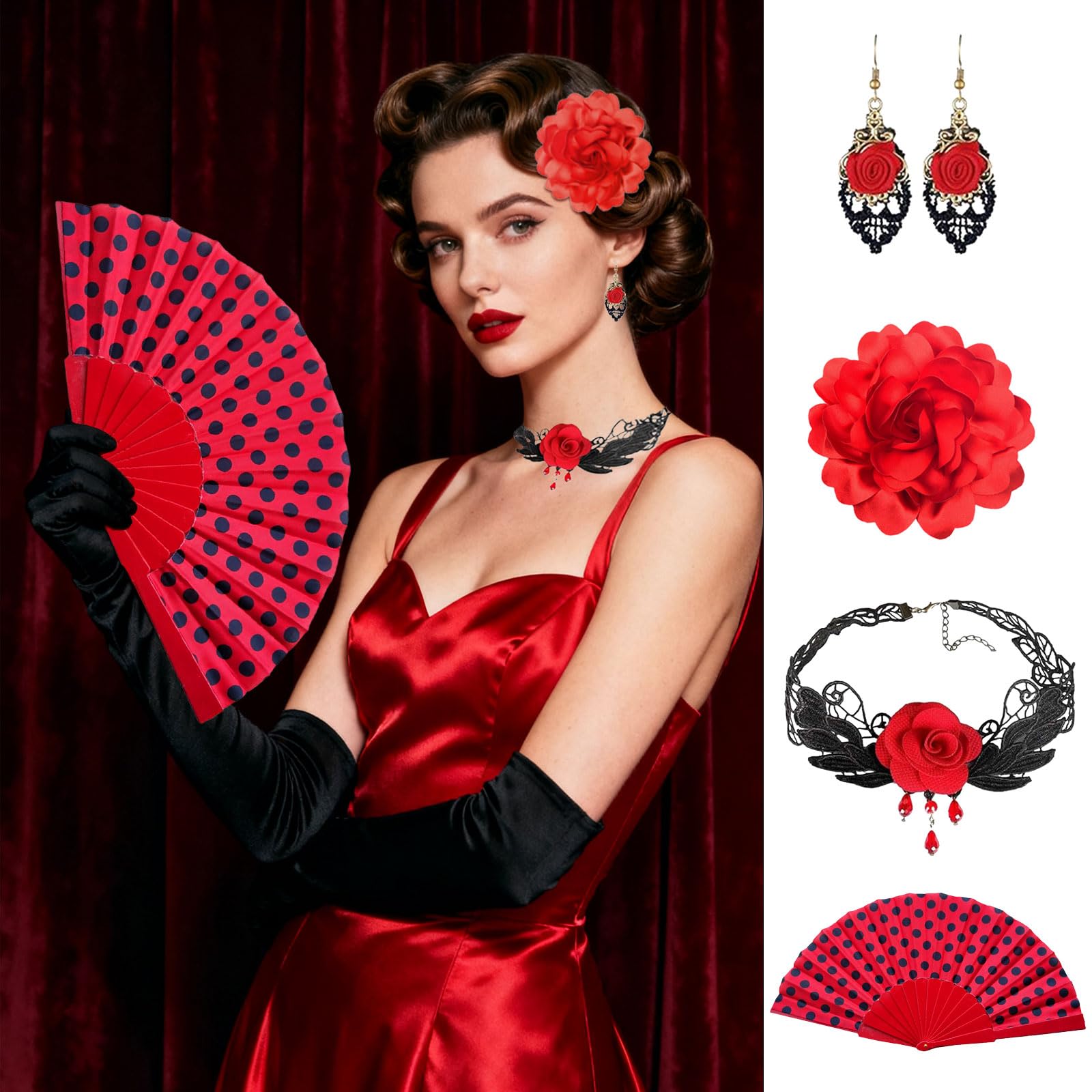 4 szt. Rose Flower Flamenco akcesoria dla kobiet dziewczyn składany fan Choker kolczyki Rose kwiat spinka do włosów tancerka kostium dla kobiet z lat 20. Halloween