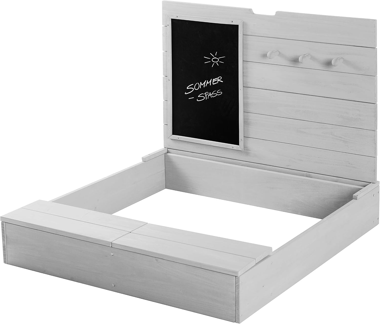 roba Sandpit with Lid, H x W x D, 655 x 855 x 80 cm, Foldable Sand Box with Board and 3 Hooks, Solid Wood, Glazed, Weatherproof and Environmentally Friendly, from Sustainable Forestry, Grey, 456011GA