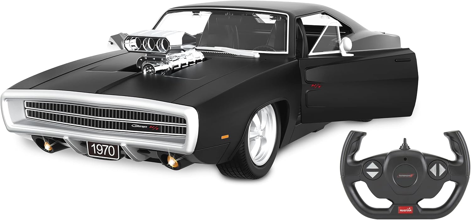 JAMARA 402117 Dodge Charger R/T 1970 1:16 Door 2.4GHz Licensed Manual, Detailed Interior, Faithful Painting, Remote Control RC Car, Black