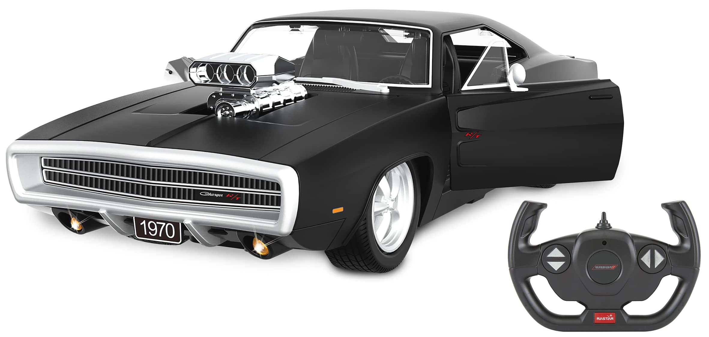 Jamara- Dodge Charger R/T 1970 1:16 Ręczna Drzwi 2,4 GHz-Oficjalnie licencjonowane wnętrze-Szczegółowe malowanie wierne oryginalnemu - zdalnie sterowany samochód RC, 402117, Czarny