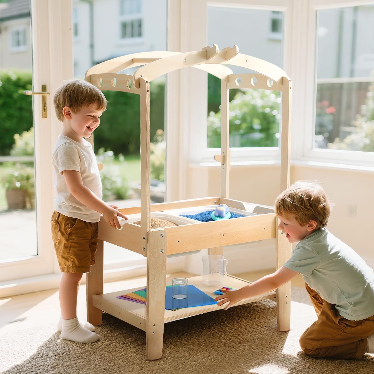 bopoobo Sensory Table for Kids - Double-Sided Sand & Water Activity Table with Removable Canopy, Storage & Adjustable Slots, All-in-One Sensory Play Center for Indoor/Outdoor