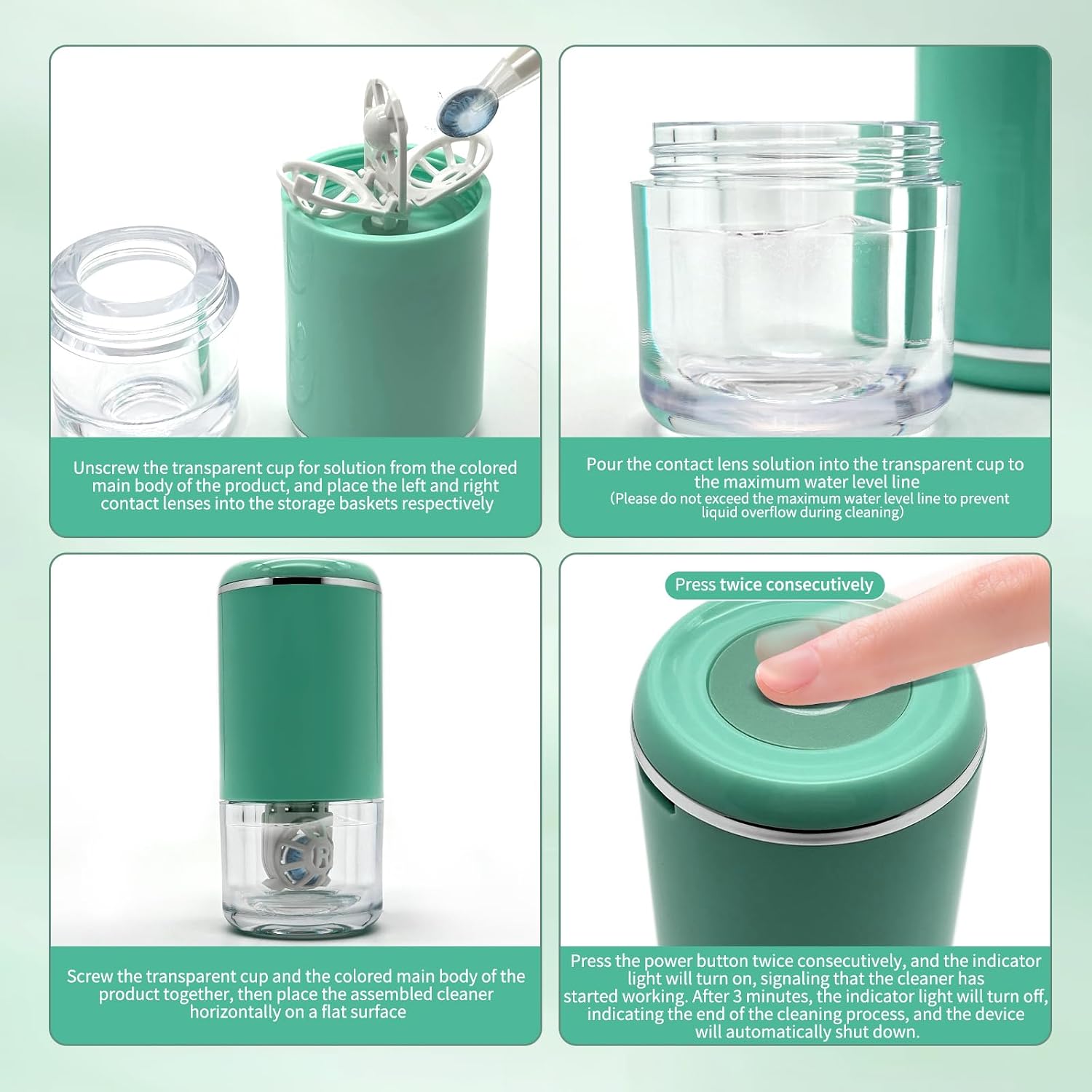 Contact Lens Cleaner Machine for Soft Lenses & Color Contacts | 3 Minutes Deep Protein Removal | Portable Automatic Vibration Eyewear Cleaner | Travel-Friendly Electric Case, Green Color