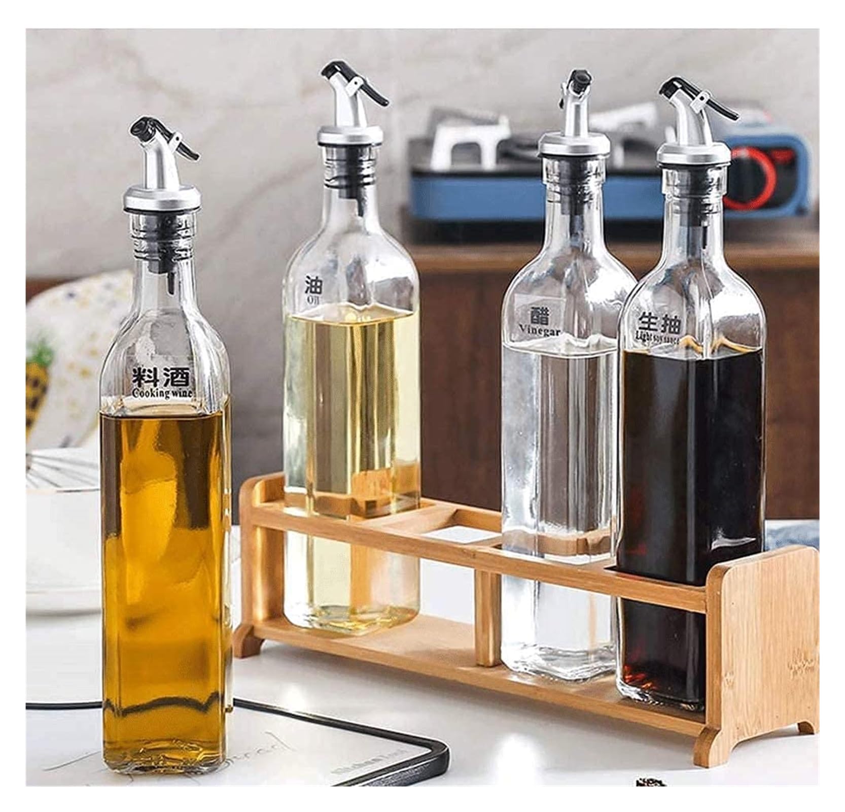 Set Olio e aceto Dispenser for Olio e aceto, Set di Bottiglie for aceto e Olio da 500 ml con Supporto in Legno, ampolla for Salsa in Bottiglia for Olio in Vetro Oliera