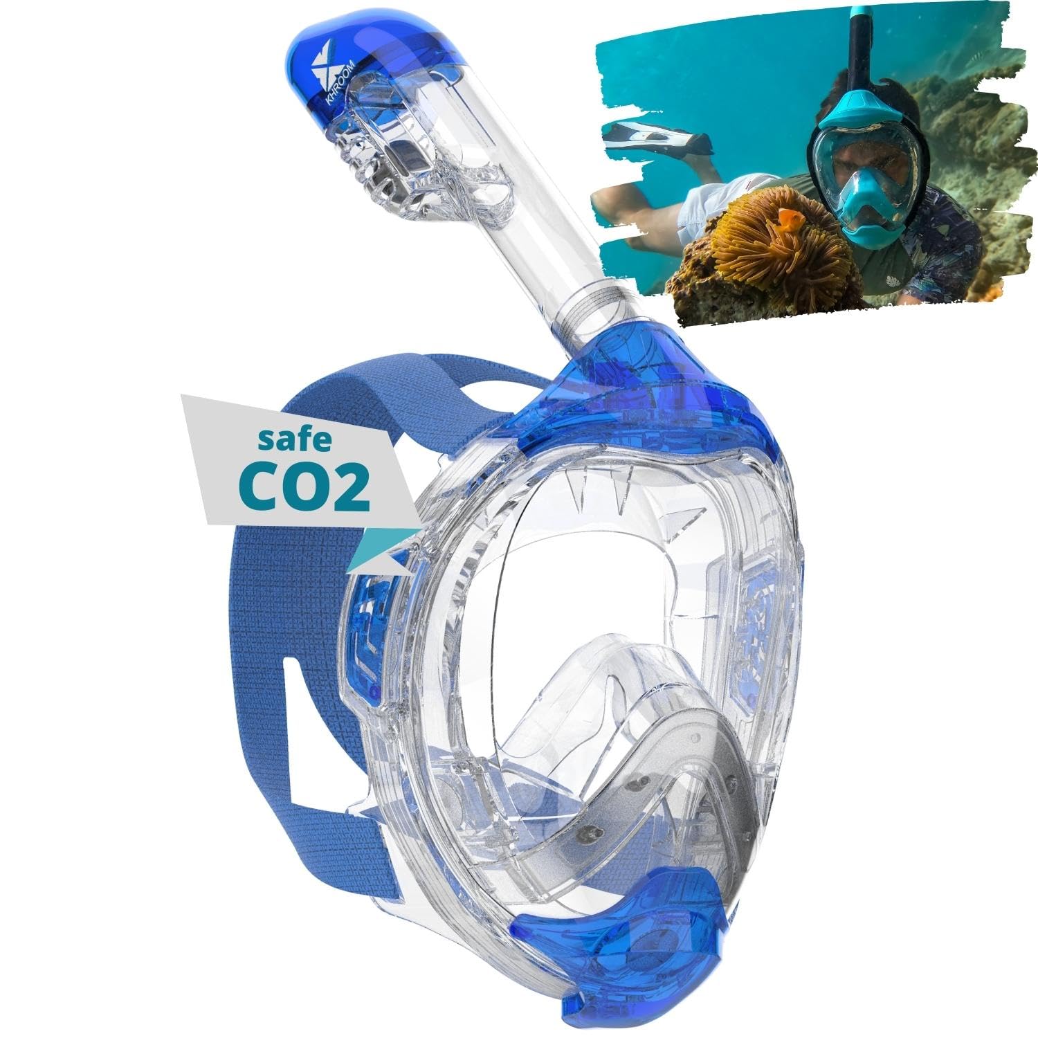 Khroom Full Face Snorkel Mask Adults and Kids 3 +, Light Blue, S/M (up to 5'3")