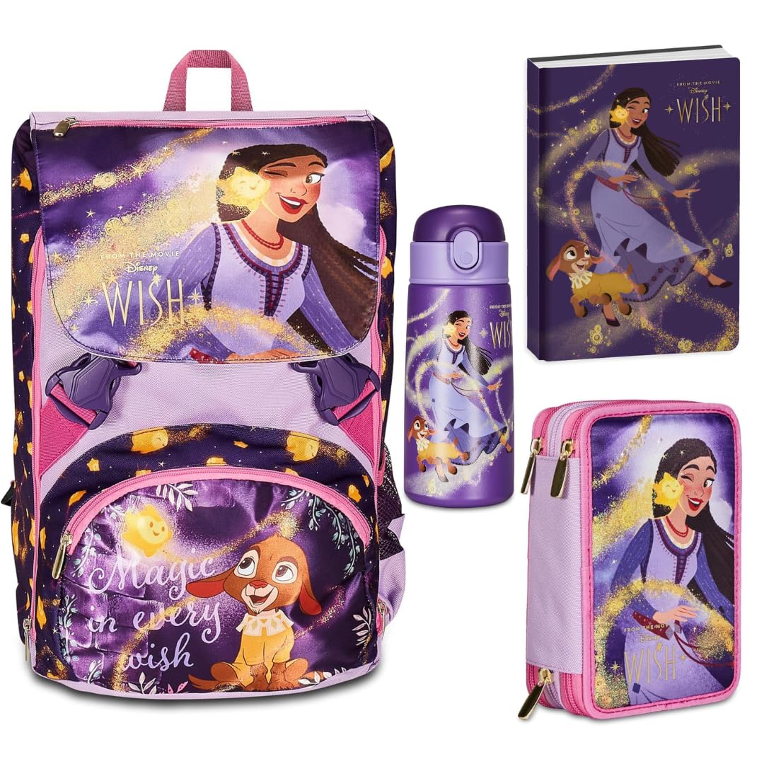 Seven Wish Set Scuola, Zaino Estensibile con Astuccio 3 Scomparti, Diario e Borraccia, Lilla e Rosa, Collezione Strong Heart Bright Spirit