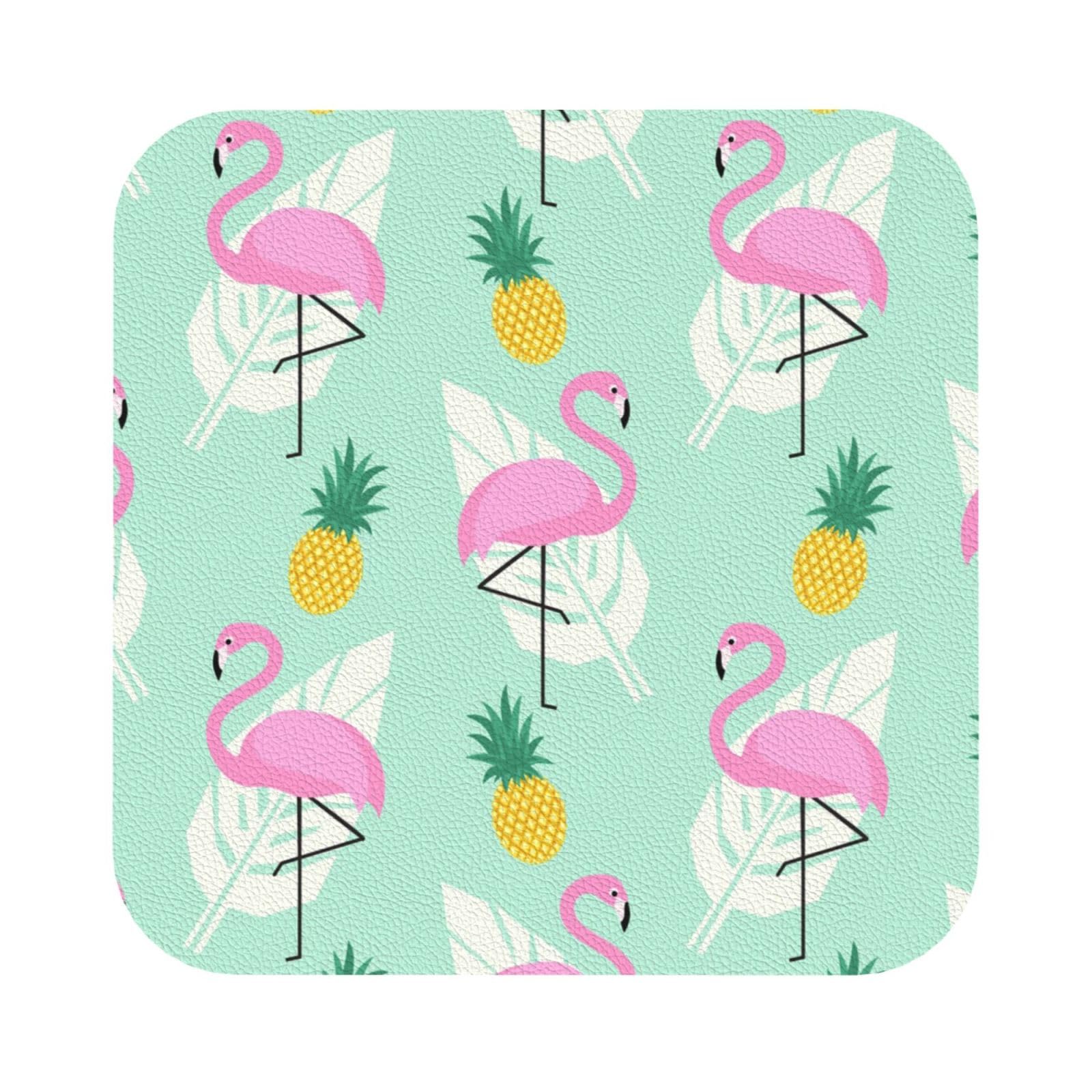 pink flamingo pineapples PU Leather Coasters Set of 6 Square Drink Coasters