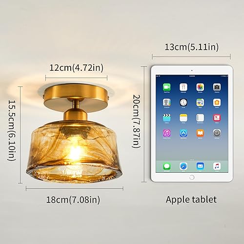 Miniatura 3 de CVKASH Lámpara de techo de latón de montaje semiempotrado, pequeña y moderna lámpara de cristal ámbar dorado para casa de campo, iluminación de