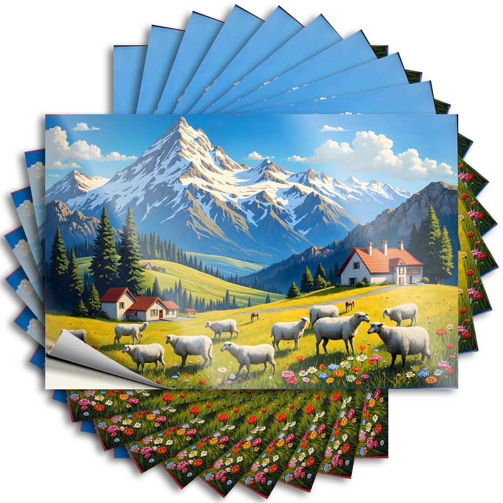 Dorm Room Stuff Sticker Durable Laptop | Pastoral Scene with Sheep, Mountain Range, and Flower-Filled Fiel Big Self Adhesive Sticker for Outdoor DIY(6X9CM)