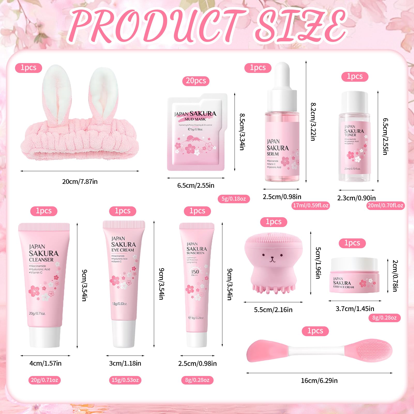 29 Pezzi Kit per la Cura della Pelle Sakura, include Detergente, Tonico, Crema Viso, Maschera, Siero e Crema per Gli Occhi, Mini Size da Viaggio Prodotti Skincare per Ragazze e Donne