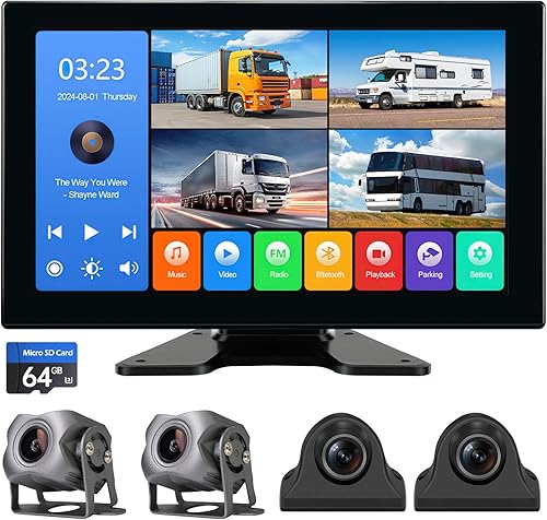 Cámara de respaldo de 4 canales de 1080p para RV/camión/remolque/furgoneta/SUV/coches, pantalla táctil de 10.2 pulgadas, monitor de estacionamiento