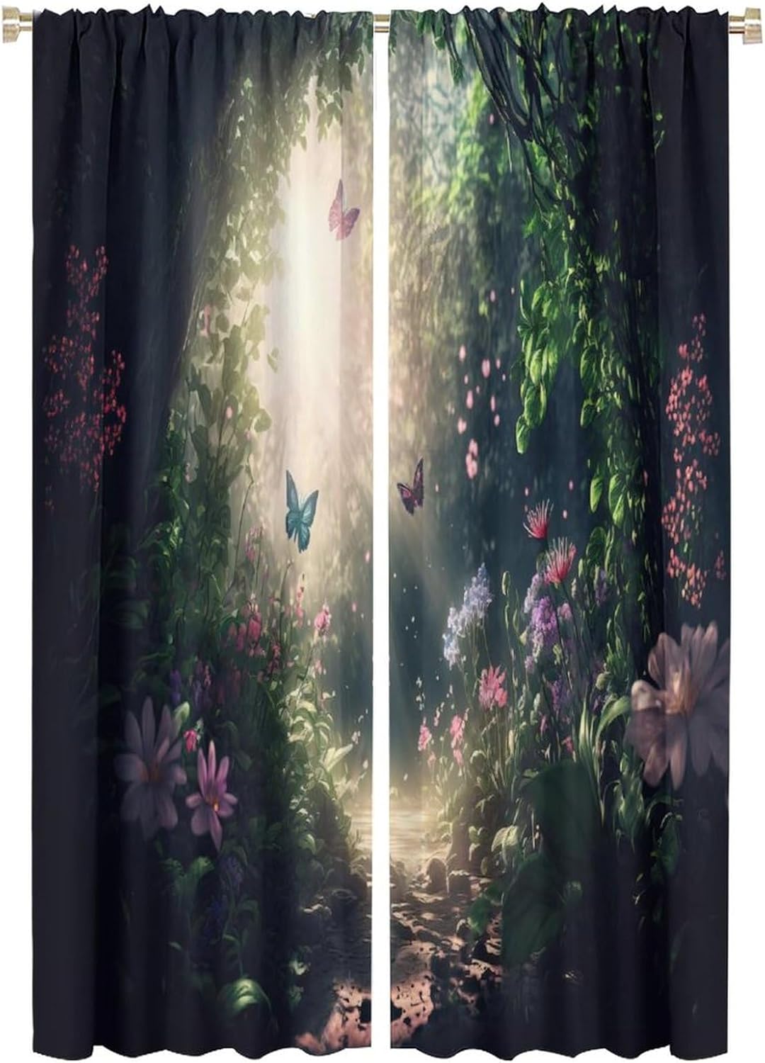 Enchanted Forest Blackout Window Curtain Fairytale Forest Spring Sunshine Butterfly Floral for Girls Boys Living Room Bedroom Decor Drapes 2 Panels 42x63in, Style-2