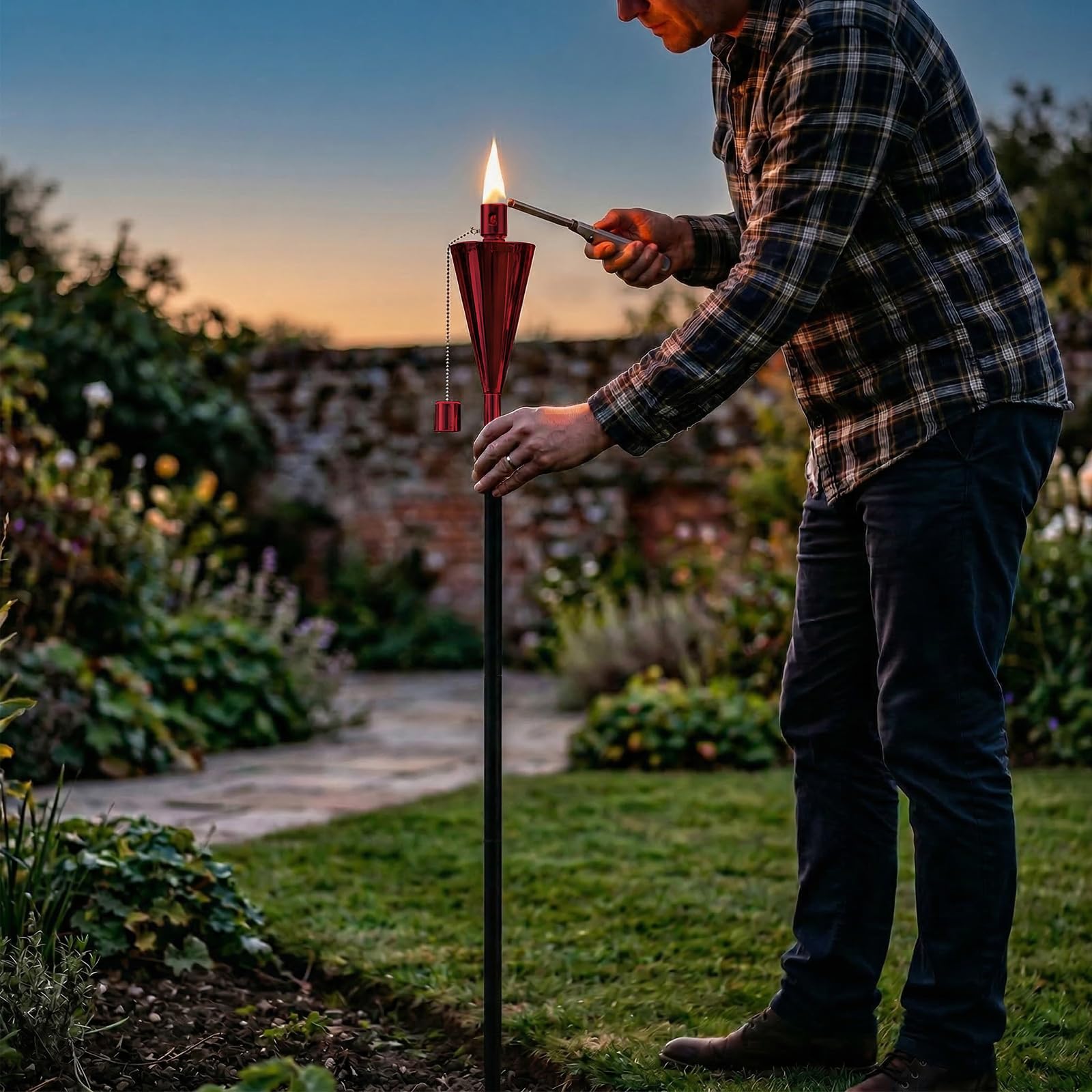 Ölfackel Lampe Fackel für Außen/Terrasse/Garten/Rasen/Hinterhof – 140 cm – Edelstahl – Glasfaser-Docht – Set mit 4 Stück – Öllampe für den Außenbereich für Citronella Rot Sonstiges