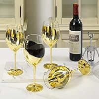 Vista 4 de MyGift Juego de 4 copas de vino de latón moderno con tallo largo para vino blanco o tinto con elegante diseño angular