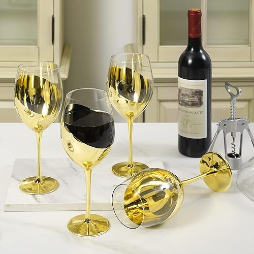 Miniatura 4 de MyGift Copas de vino modernas de latón con tallo largo para vino blanco o tinto con elegante diseño en ángulo, juego de 4