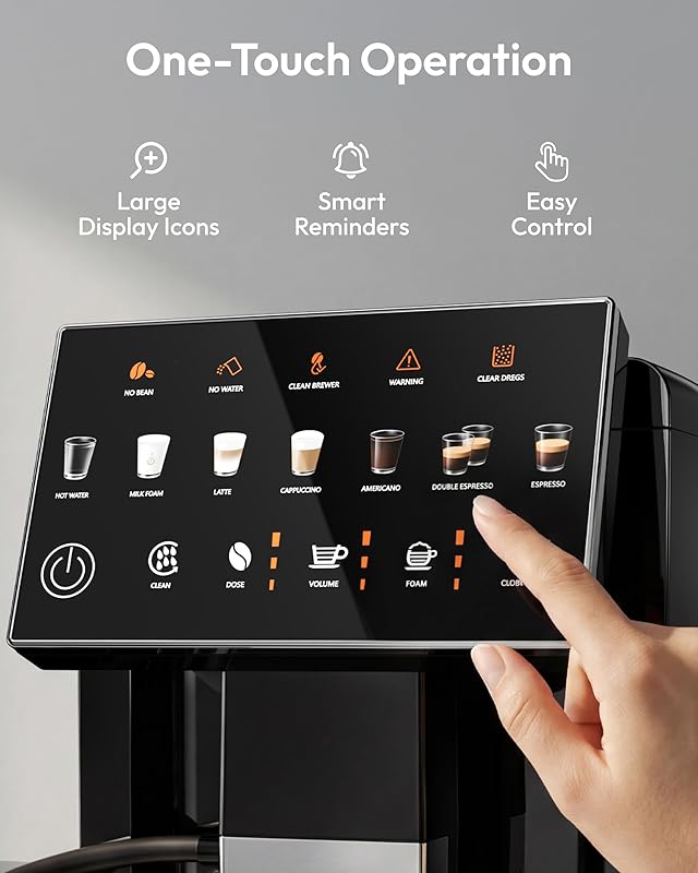 Automatic Espresso Machine, 20 Bar Coffee Maker with Grinder Built in Milk Frother, 15-Grind Settings Fully Automatic Espresso Machine with Touch Screen, Auto Self-Cleaning for Cappuccino & Latte Black
