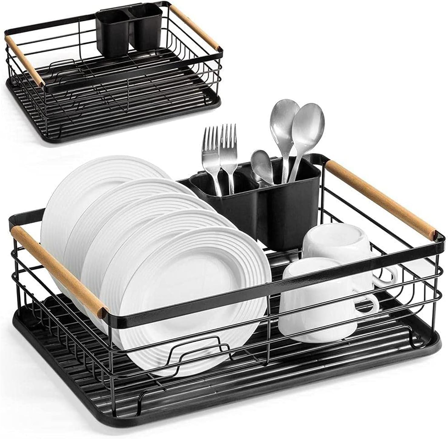 Dish Drying Rack for Kitchen Counter, Dish Drainer Tray with Drainboard for Kitchen Sink, Metal Dish Rack with Utensil Holder Over The Sink, Black