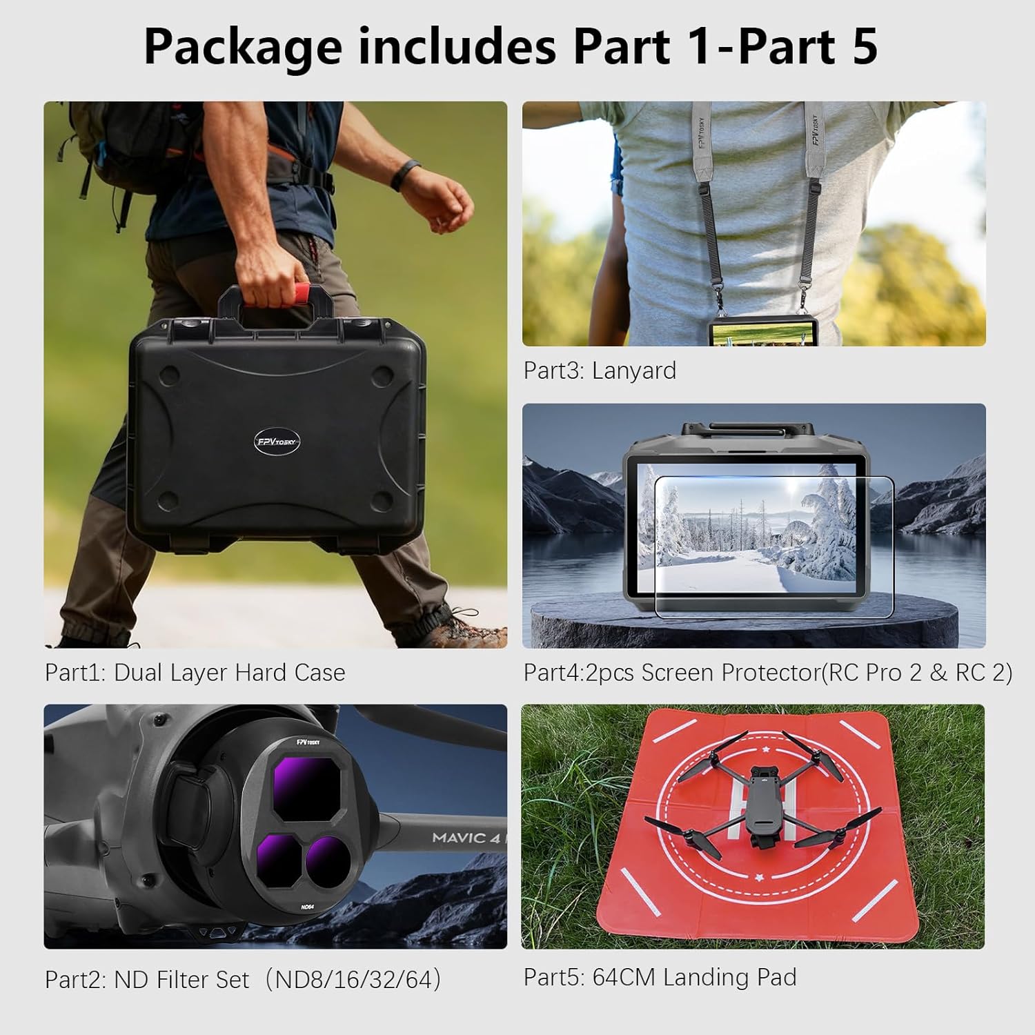 FPVtosky 5-in-1 Essential Accessories Bundle for DJI Mavic 4 Pro | Hard Carrying Case with Large Customizable Layer, ND Filter Set, Landing Pad, Lanyard & Screen Protectors for RC 2/RC Pro 2