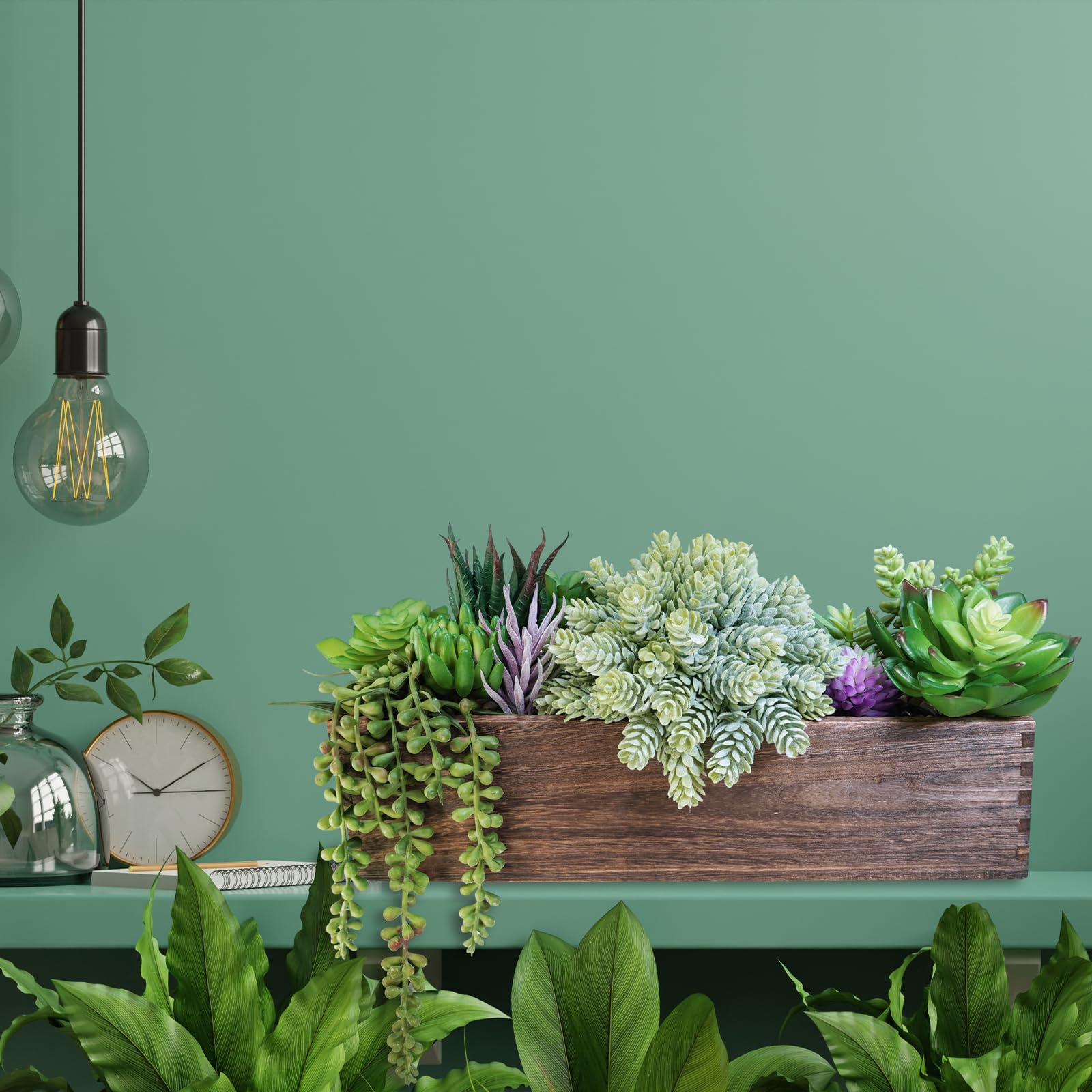 Winlyn - Composizione di piante grasse artificiali assortite da 15" in vaso in legno rettangolare, piante grasse finte per centrotavola, finestra, mensola, scaffale, caminetto, decorazione con verde