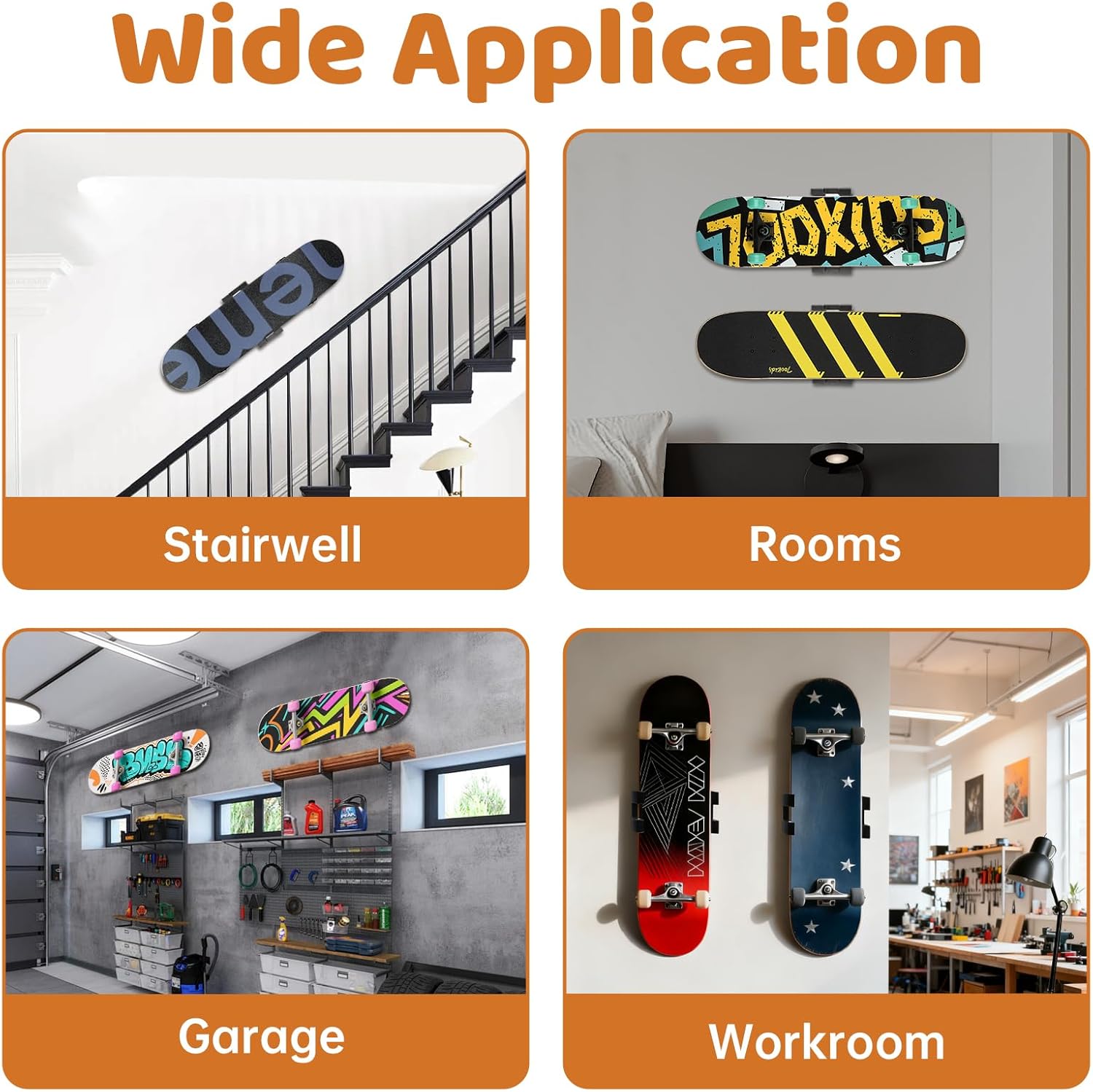 4 Set Skateboard Wall Mount, 360° Rotating Skateboard Wall Hanger Holder, Floating Display & Storage Skateboard Deck Wall Rack, Universal Fit for Skateboard Lovers & Skateboarders