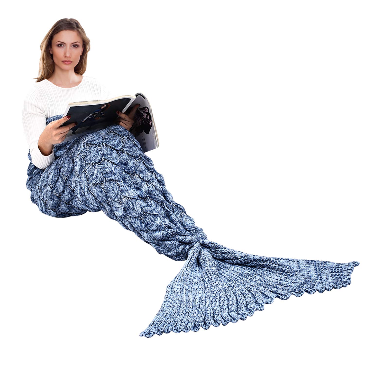 Wearable Mermaid Tail Blanket Crochet, All Seasons Warm Knitted Bed Blankets Sofa Living Room Quilt for Kids and Adults, Fish-Scales Pattern, 76.8" x 35.5" (195 x 90cm), Ice Blue