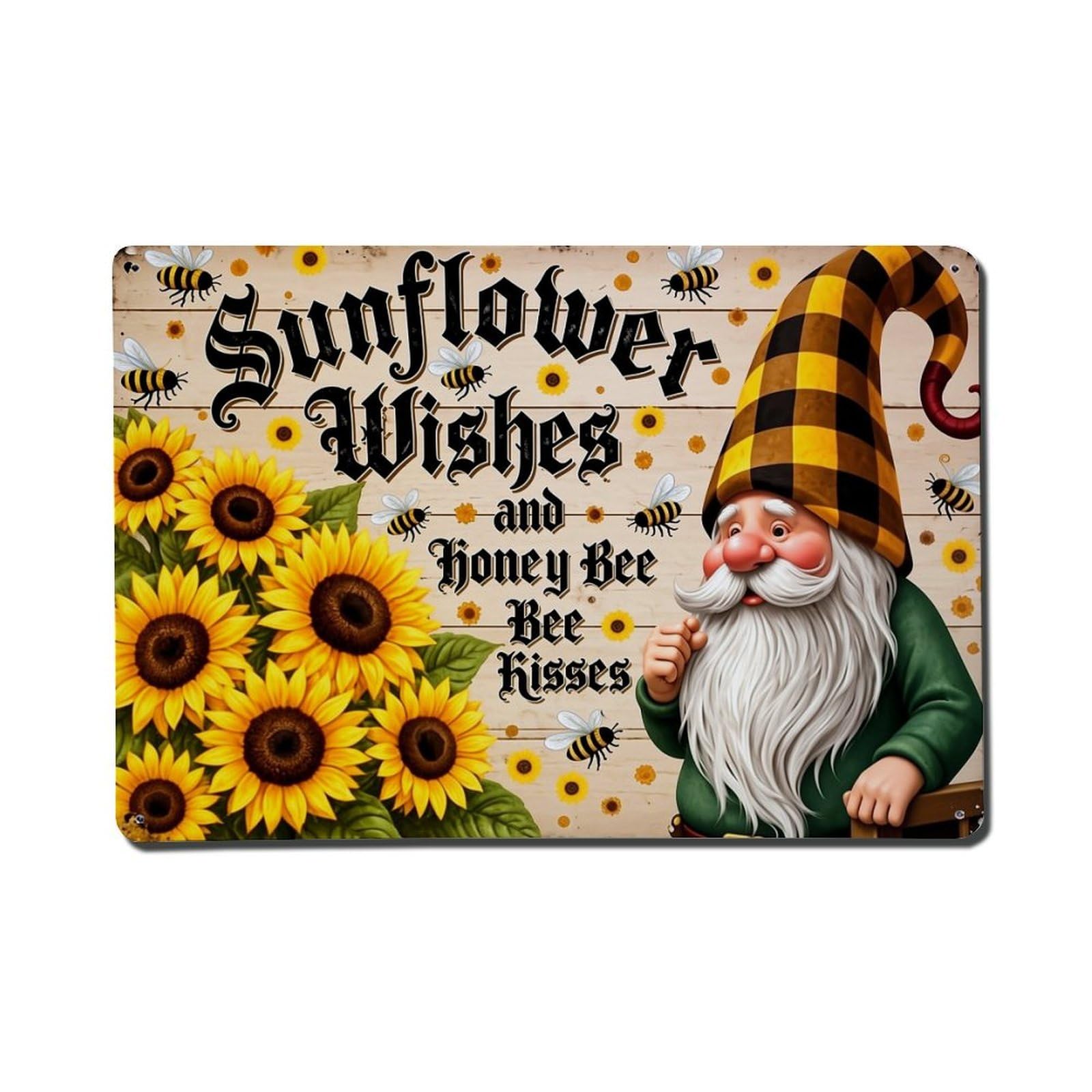 Jdfenggu Vintage Sunflower Wishes Honey Bee Kisses Retro Metal Tin Sign, Metal Poster For Bar, Home, Man Cave, Kitchen, Laundry Room Art Decor 8X12 Inch