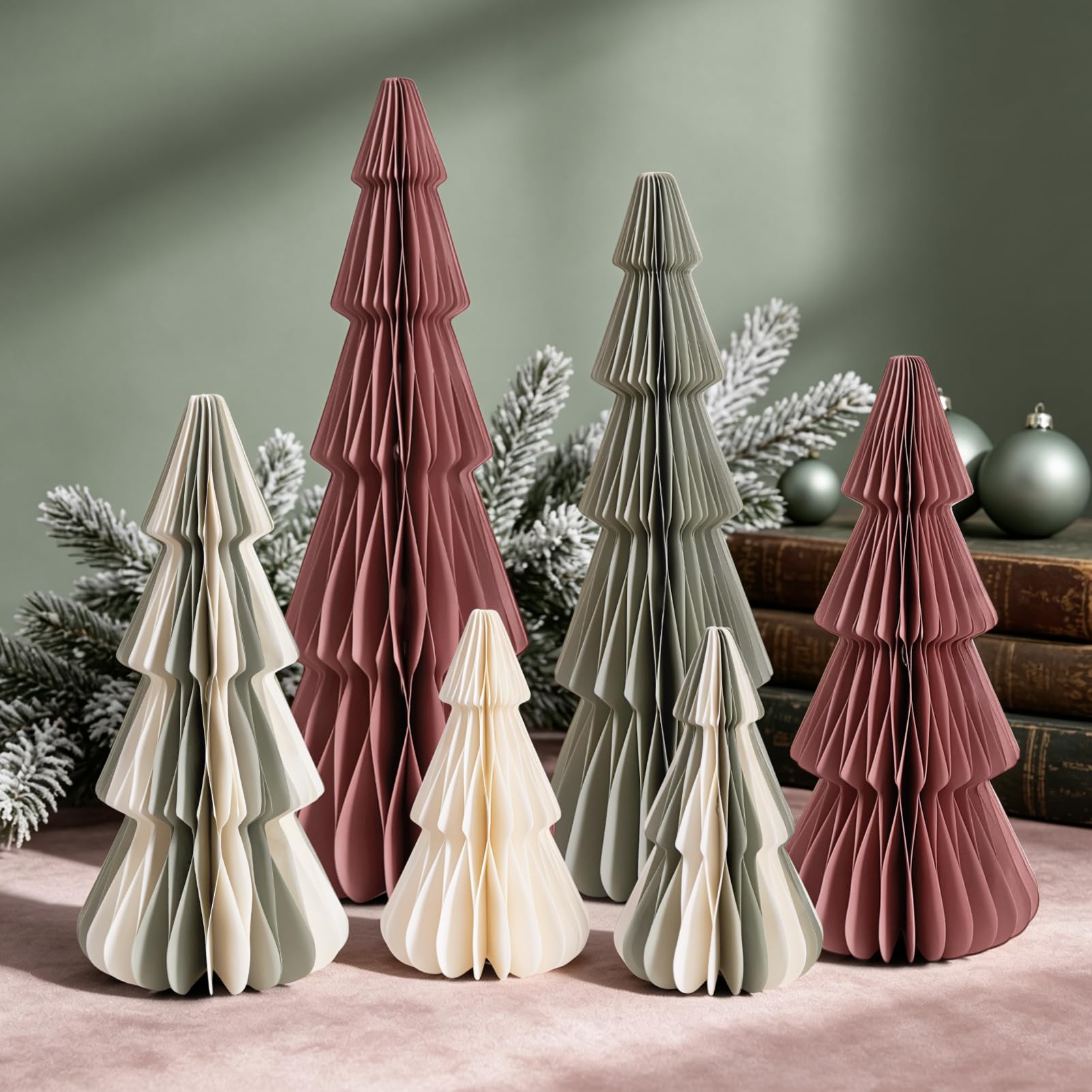 SUNBEAUTY 6pcs Paper Christmas Tree Green Pink 3D Honeycomb Christmas Decor — image 1