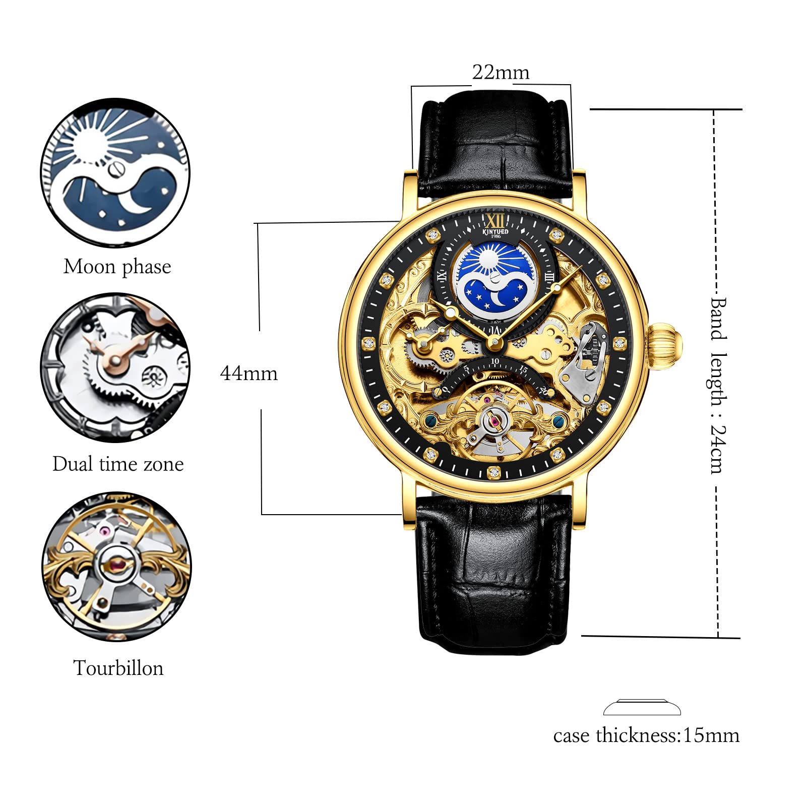 FORSINING Tourbillon Herren-Armbanduhr, Mondphase, automatische Armbanduhr, modisch, Business, Luxus-Skelett, Herren-Armbanduhr, Dual-Zeit-Selbstaufzug, Lederband, Allgold Black, Riemen