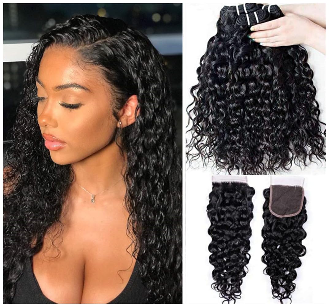 Water Wave Bundles with Closure Brazilian Virgin Wet and Wavy Hair 3 Bundles with Closure 100% Unprocessed Curly Human Hair Extensions10 12 14 +10