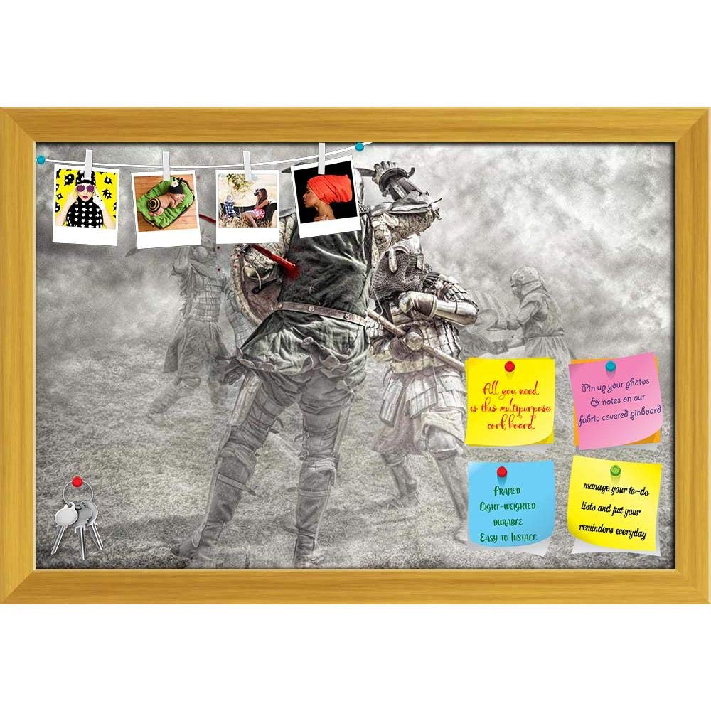 ArtzFolio Medieval Knights Fighting in A Battle Bulletin Board Notice Pin Board | Vision Soft Board Combo with Thumb Push Pins | Golden Frame 17.5 x 12 inch (44 x 30 cms)