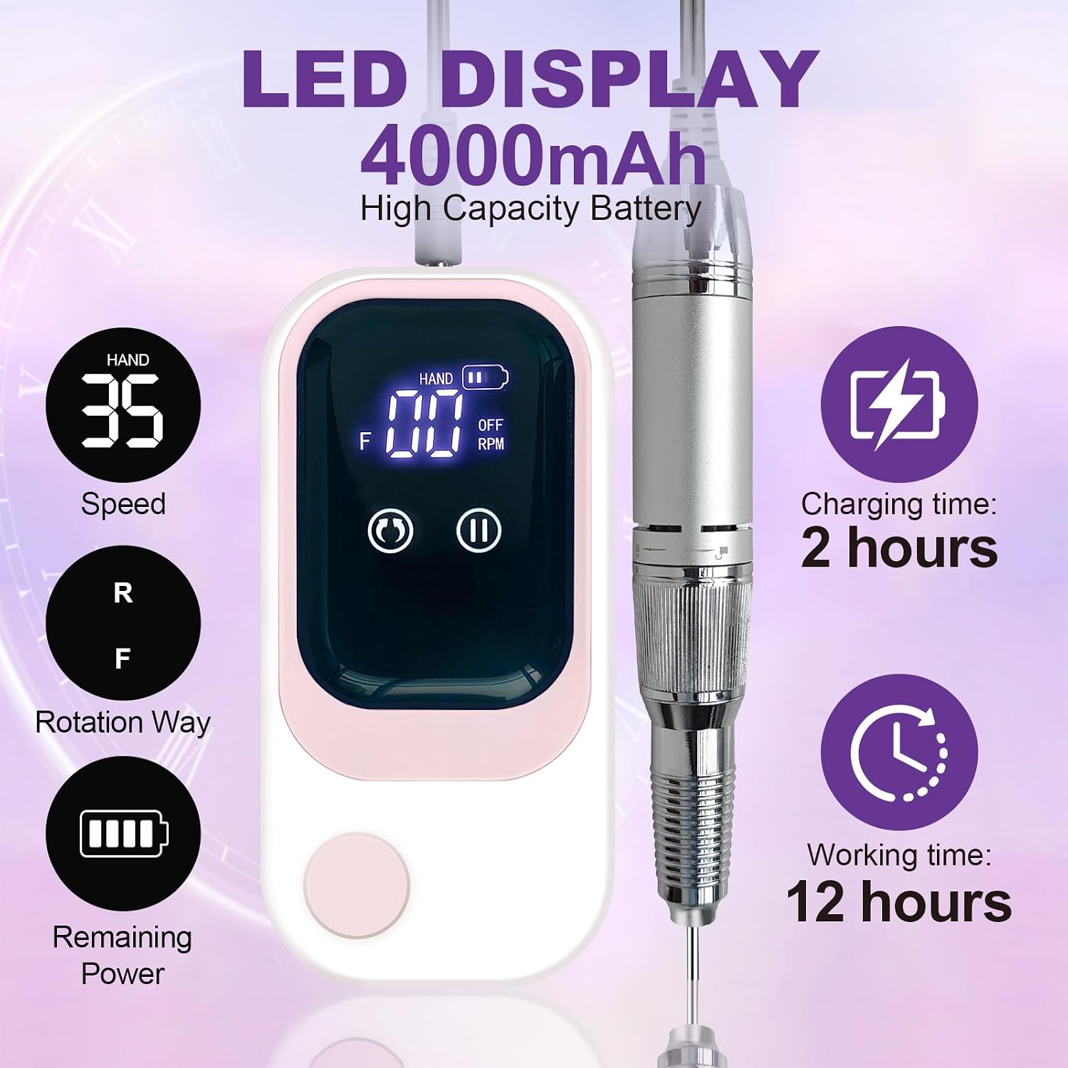 Professional Nail Drill Electric 35000RPM Pink Nail File for Acrylic Gel Nails Polish Removing Portable Cordless Rechargeable Nail Drill Kit with Base for Home Salon Manicure Pedicure