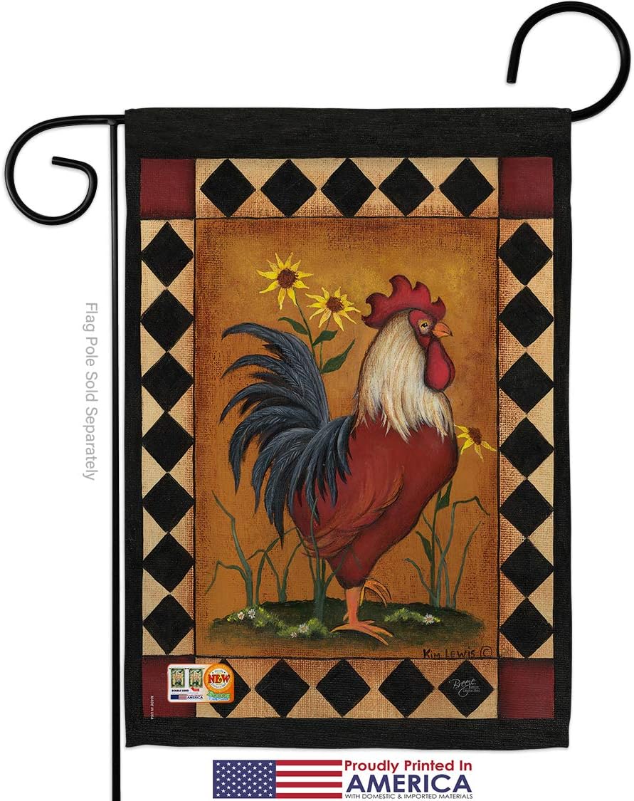 Rooster Garden Flag Set with Stand Animals Barnyard Animal Cow Horse Farmhouse Pet Nature Farm Creature Small Decorative Gift Yard House Banner Made In USA 13 X 18.5