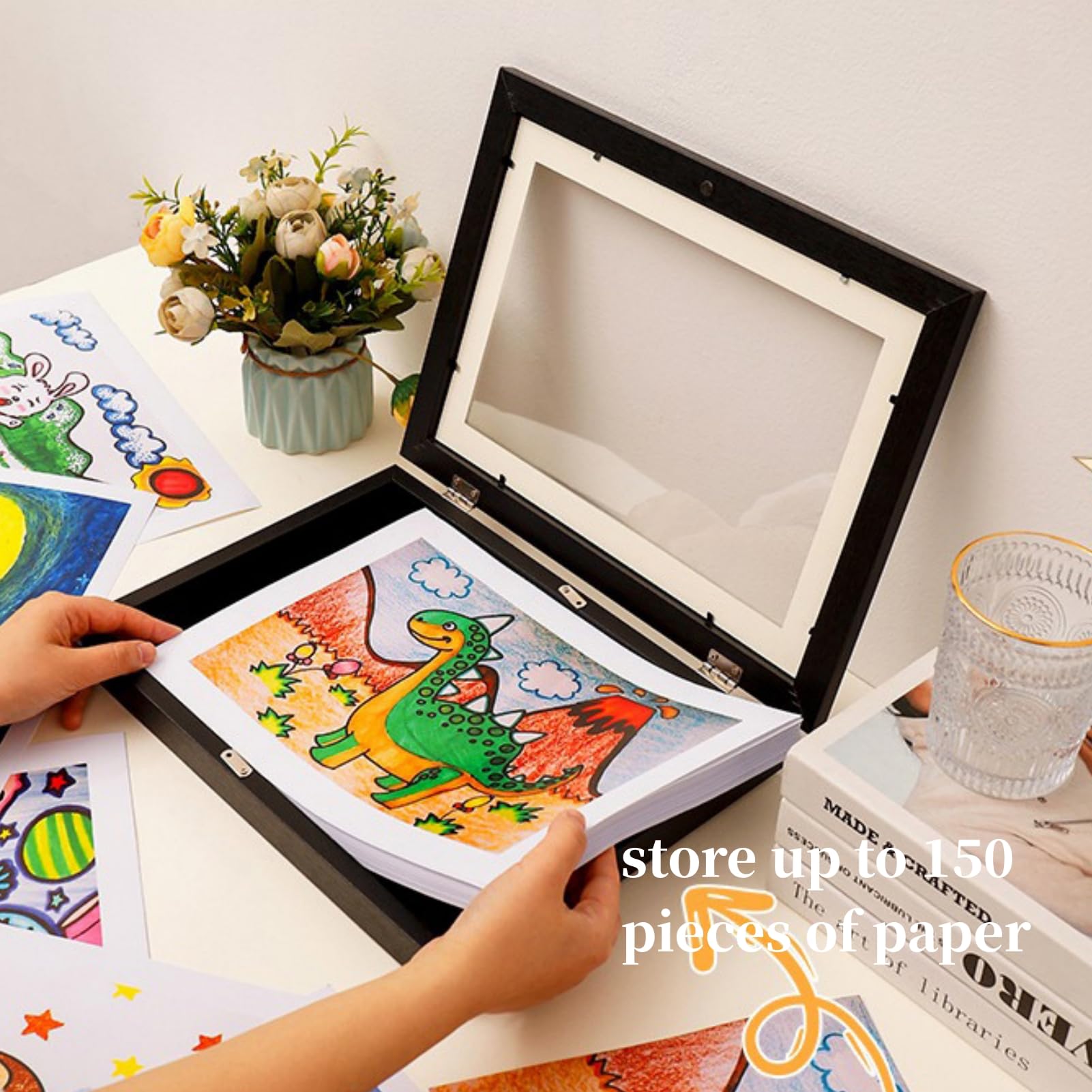 2 marcos de fotos para dibujos infantiles, arte infantil, marco de almacenamiento, apertura frontal (2 piezas de madera brillante)