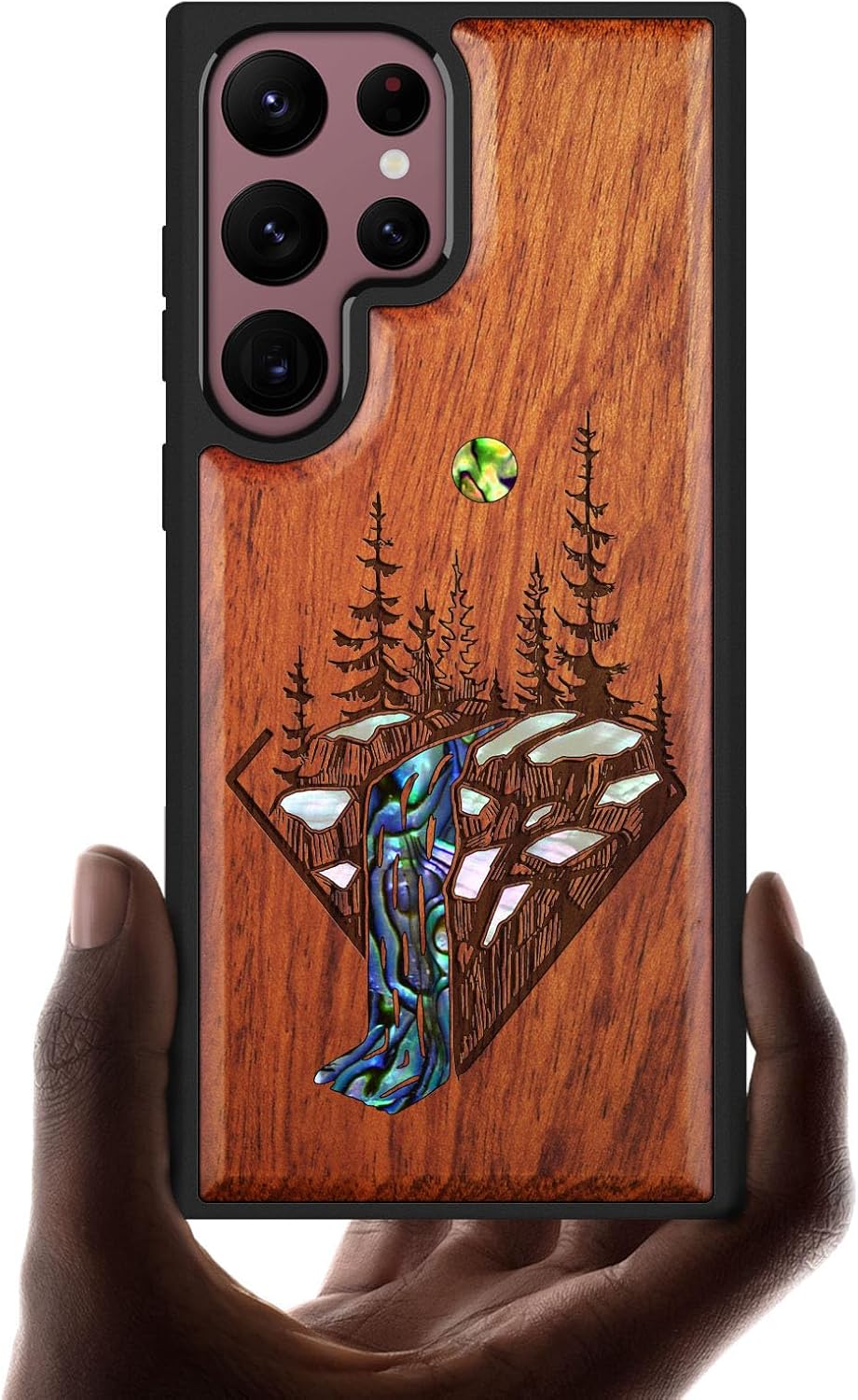Carveit Designer Wooden Cover for Samsung Galaxy S22 Ultra Case [Solid Wood & Shell Inlay] Compatible with Wireless Chargers Unique Galaxy S22 Ultra Case (Falls Landscape-Rosy)