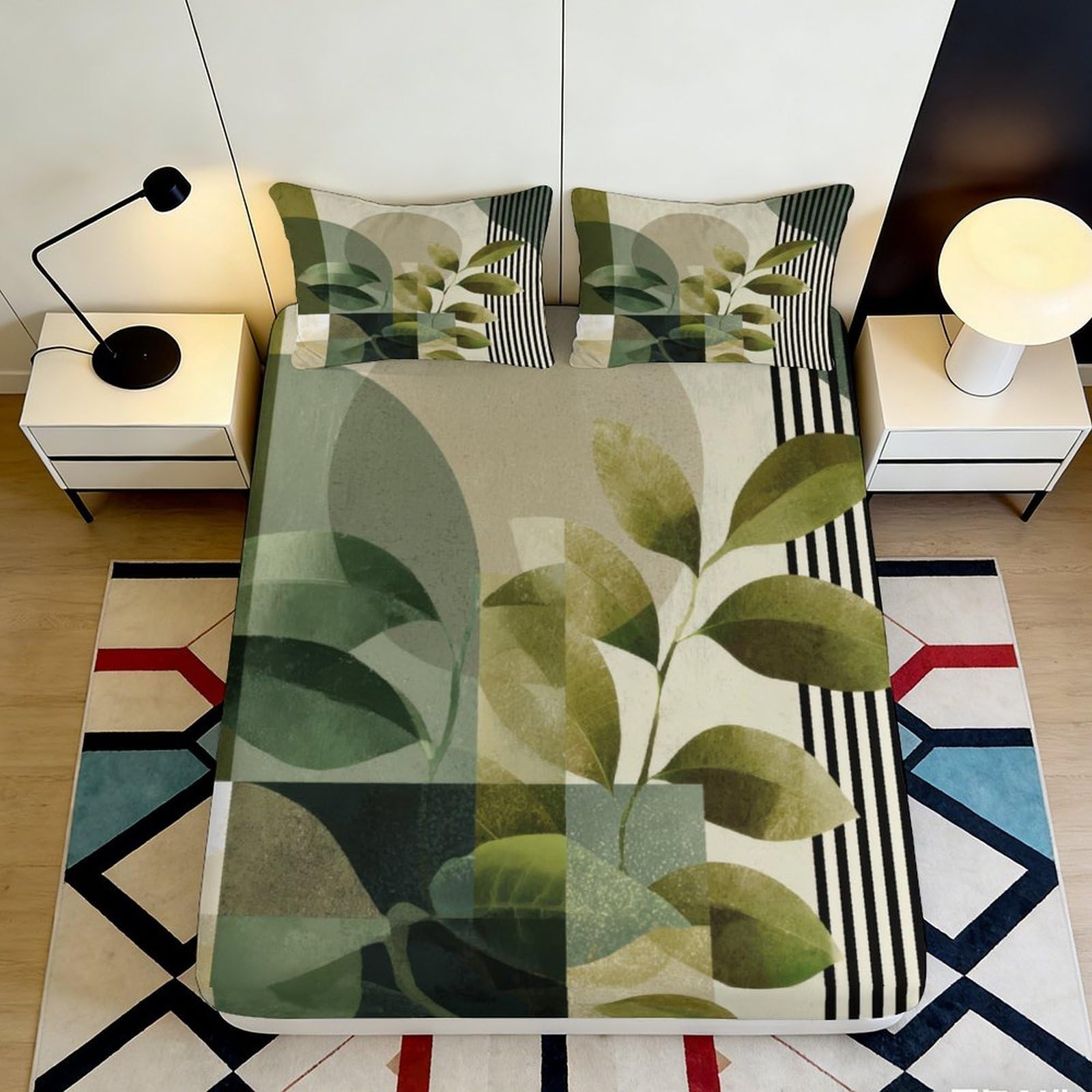 Jqzkxnhpbr Style-8 3D Printed Leaf Art Fitted Sheet Microfiber Soft Green Botanical Mattress Cover For Bedroom Guest Room Decor 90X200x25cm