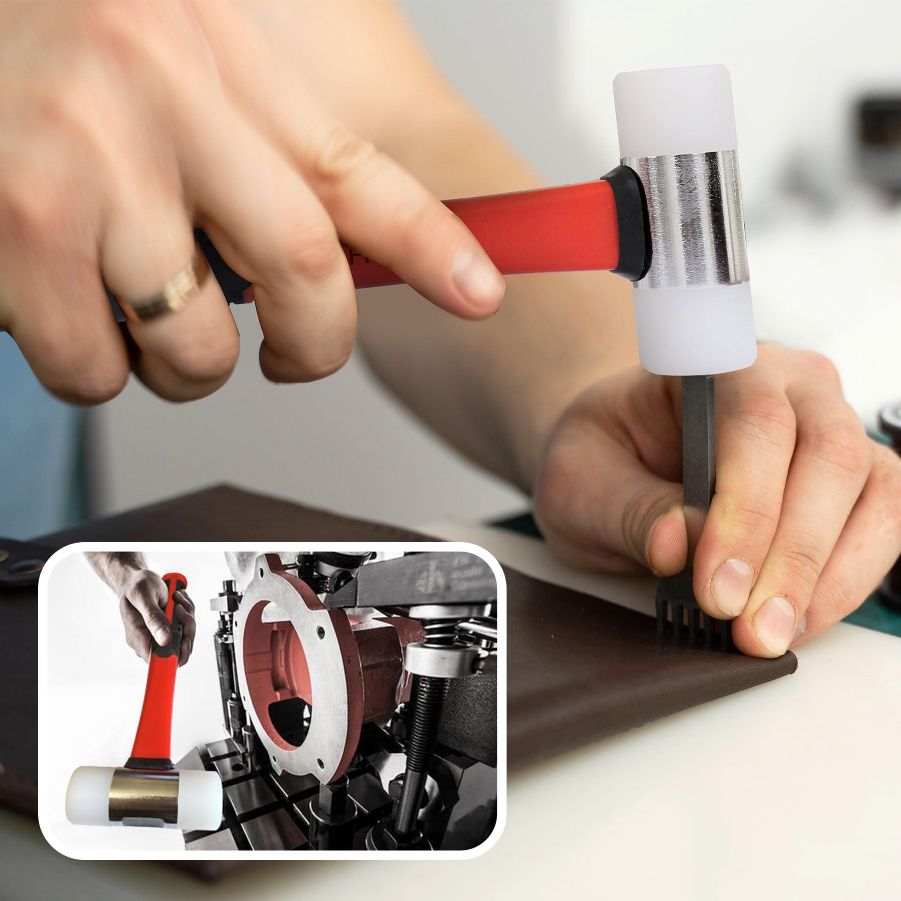 Set di 2 martelli in gomma da 453,6 g, martello in gomma bianca e nera e martello da installazione con doppia testa in nylon da 35 mm, manico in fibra di vetro con impugnatura morbida, testa