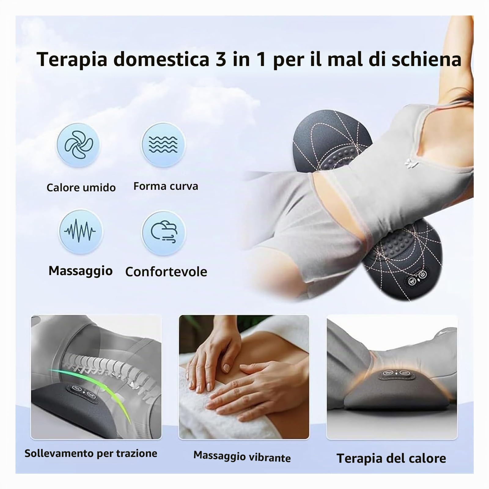 Massaggiatore for la Schien Triple Fusion for Sedia e Letto, Massaggiatore 3 In 1 Riscaldato e Vibrante for la Sciatica, Dispositivo di Trazione for Alleviare Il Dolore Lombare(Gray)