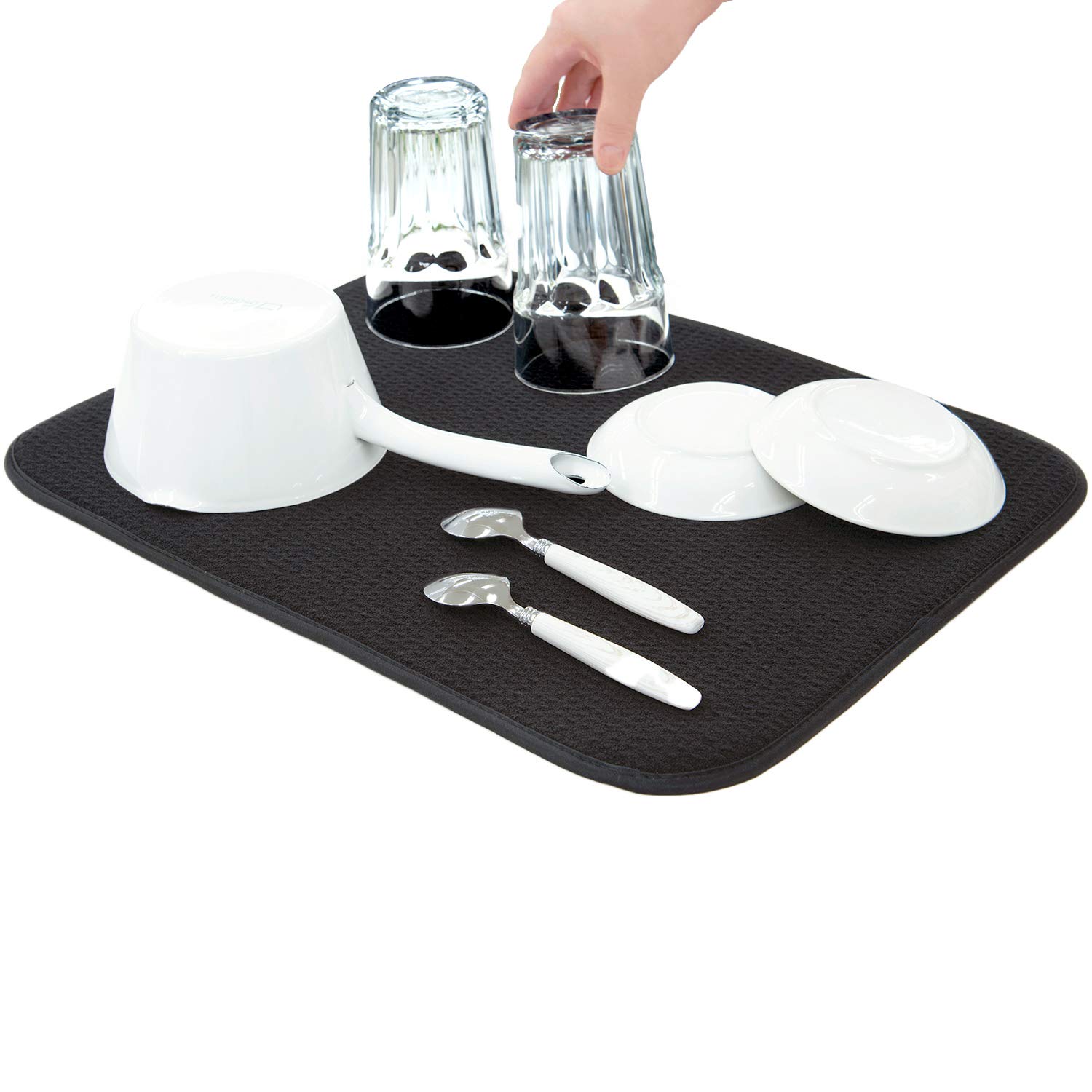 Antibacterial quick-drying and absorbent dish drying mat, rollable storage kitchen microfiber sink top rack shelf sheet [Sanleaves dish drying mat, all 3 colors] (15.7 x 17.7 inches (40 x 45 cm - 40x45cm Black 8