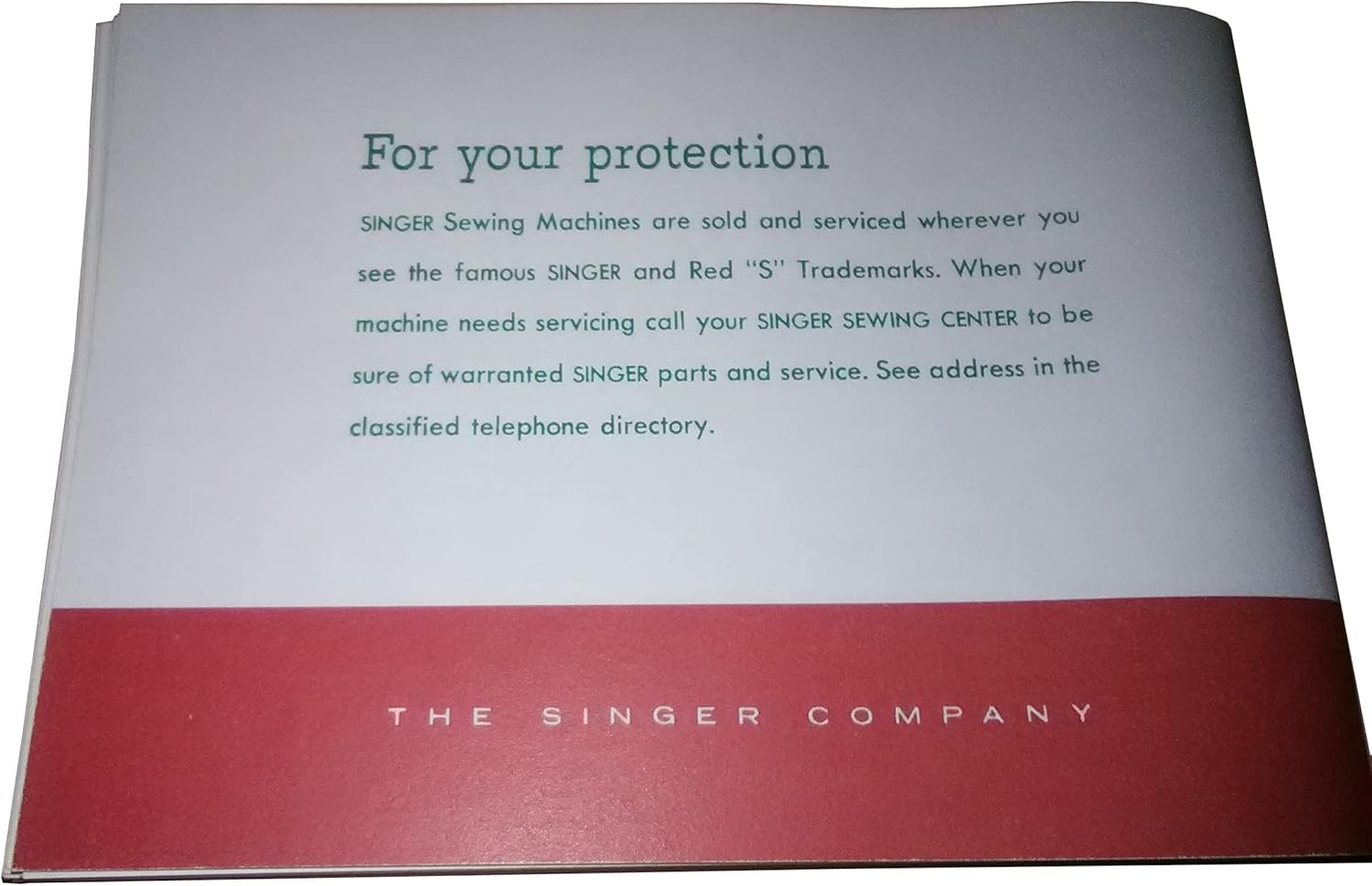 Back cover of the Singer 401A Slant-O-Matic user manual with text 'For your protection' and information about Singer service centers.