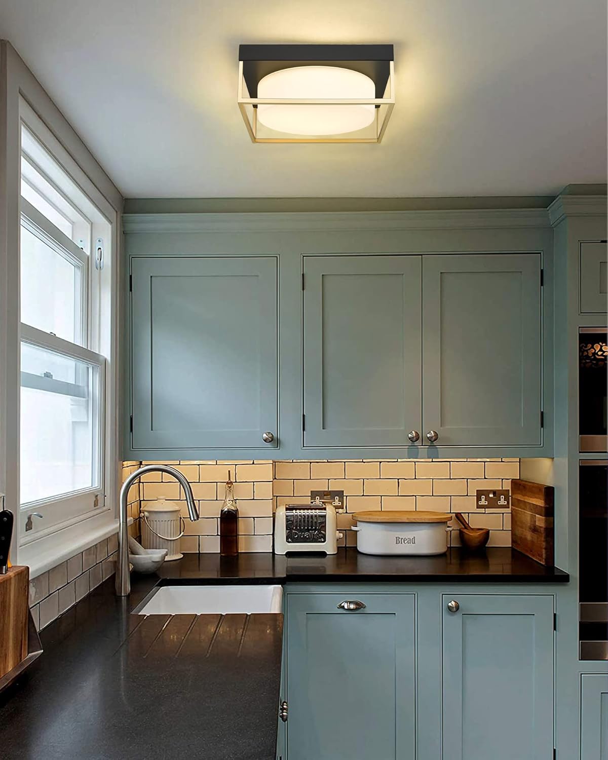 CALDION LED Ceiling Light, 12” 24W Square Flush Mount Ceiling Light Fixture, Dimmable 3000K,Matte Black Finish Gold Metal Frame with Frosted Glass, 6870FM-GD+BK