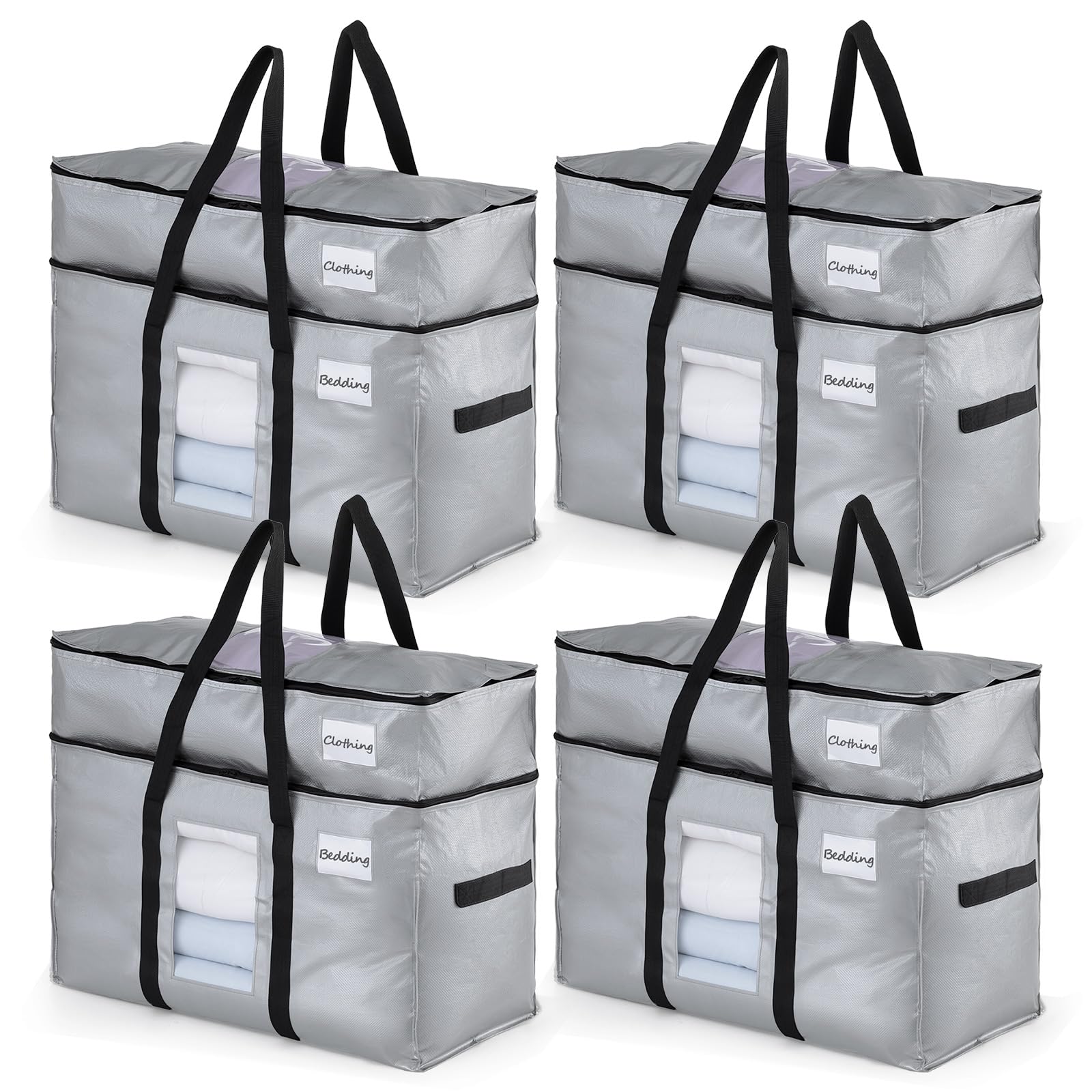 TAILI 2 Tier Extra Large Moving Bags, 4 Pack Silver Heavy Duty Totes for Storage with Visible Window, Wrap Around Handles, Storage Bags for Space Saving, Alternative to Moving Boxes