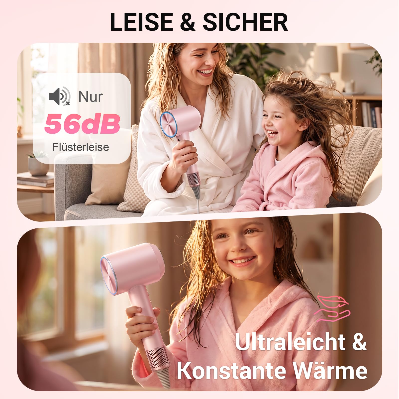 Ionen Haartrockner Föhn, 22m/s, 3 Min Schnell Trocknen, 500M Ionen gegen Frizz, 6 Modi, 3-Farben LED, 1600W, 2 Magnetdüsen(Styling& Diffusor) für Locken&Glätten, Zuhause und Unterwegs, 360g Rosa