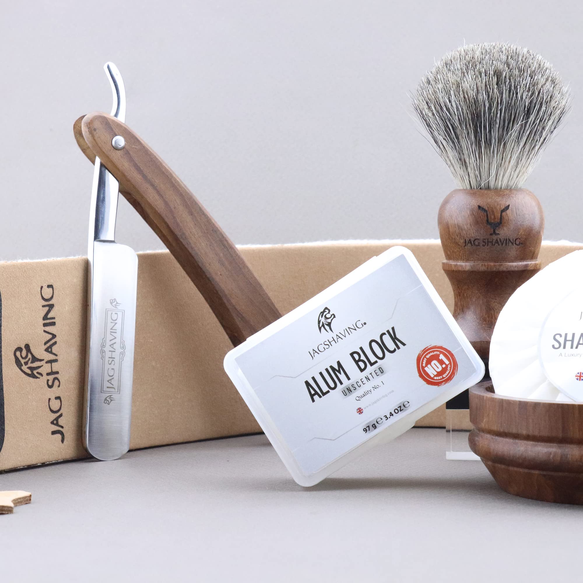 Jag Shaving Zestaw do golenia – 6-częściowy zestaw do golenia – brzytwa – super pędzel do golenia z włosia borsuka – mydło do golenia – miska do golenia z pokrywką – blok ałunowy – skóra ściągająca