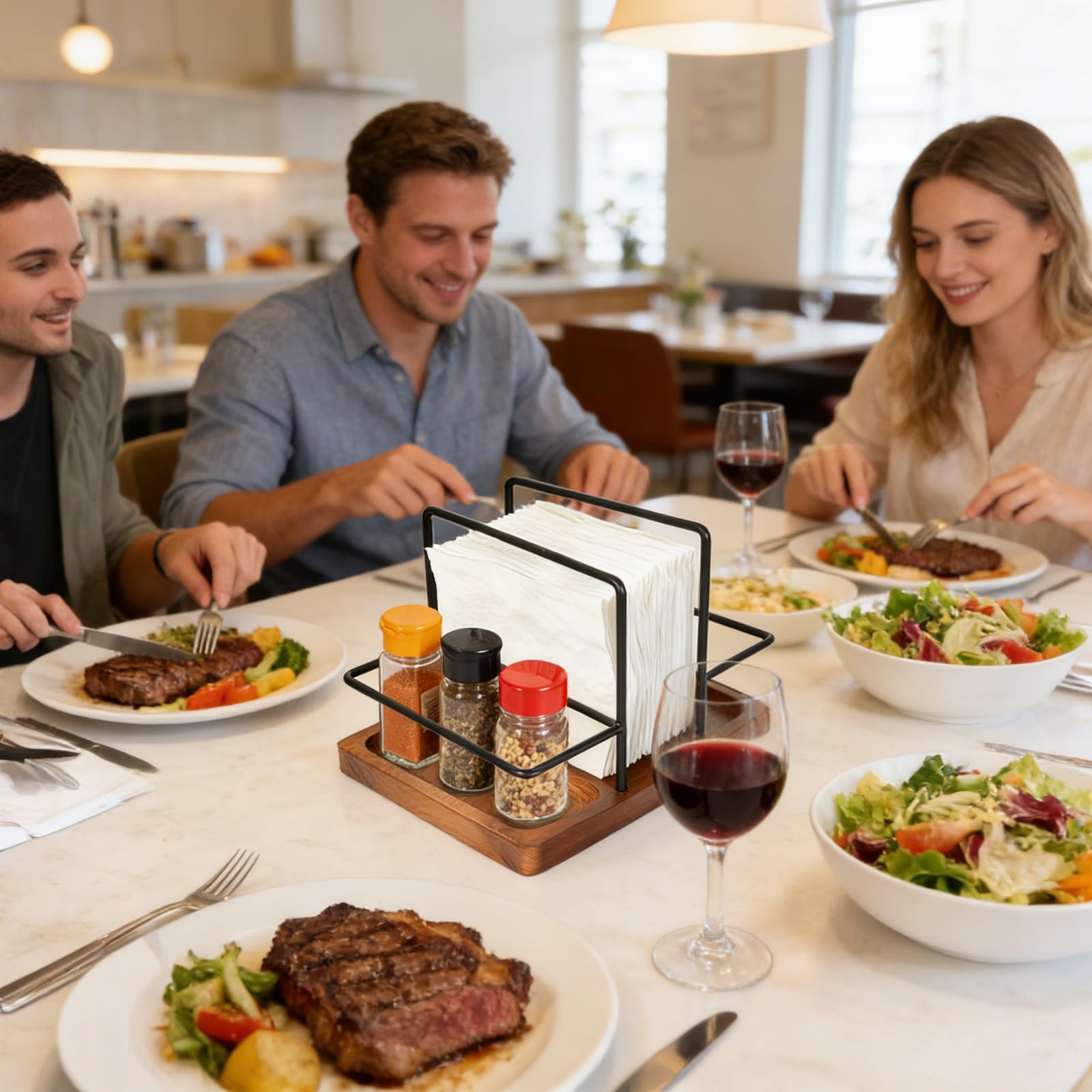 Drewniany uchwyt na serwetki, obracany o 360°, z półką na przyprawy, wielofunkcyjny stojak na serwetki do stołu, kuchni, restauracji i baru – nowoczesny dozownik do nappkina, wykonany z drewna