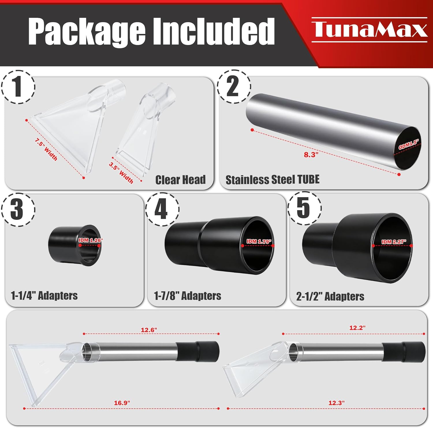 TunaMax Universal Work with All Shop Vacs Clear Extractor Attachment with 1-1/4" & 1-7/8" & 2-1/2" Adapters for Upholstery & Carpet Cleaning & Auto Detailing
