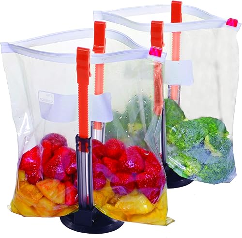 Jokari Paquete de 2 estantes holgados fortificados con ventosa para mayor estabilidad al llenar bolsas de plástico con cierre de cremallera. Clips