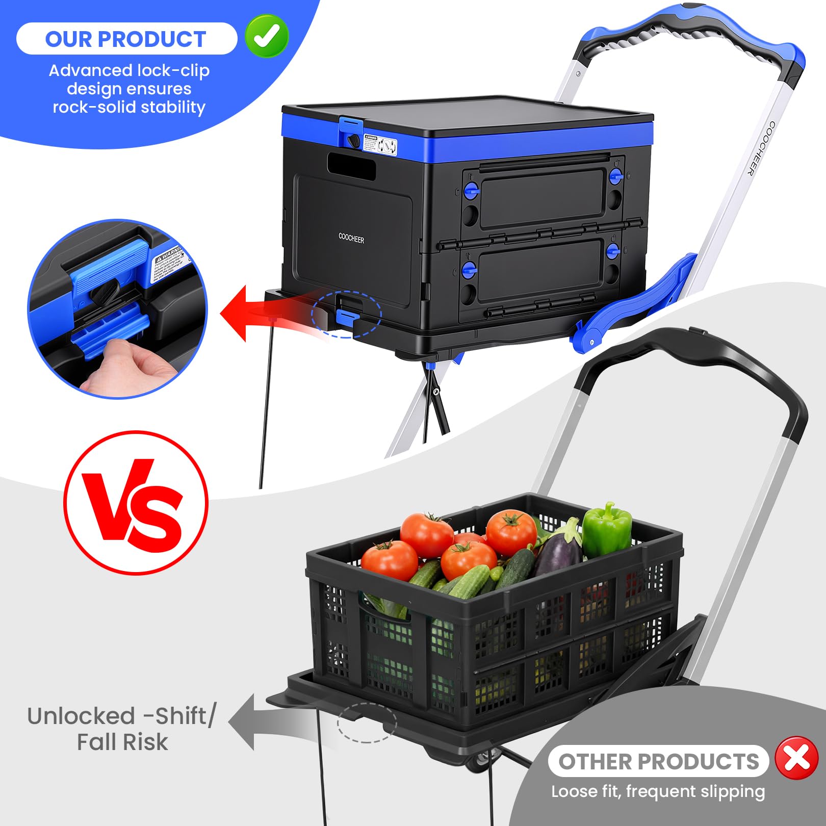 COOCHEER Carrito de la Compra Plegable de 90 kg, 2 Niveles, con Cesta Plegable, Plegable en 3 Segundos, asa Ajustable en Altura para supermercado, hogar, almacén y Viajes