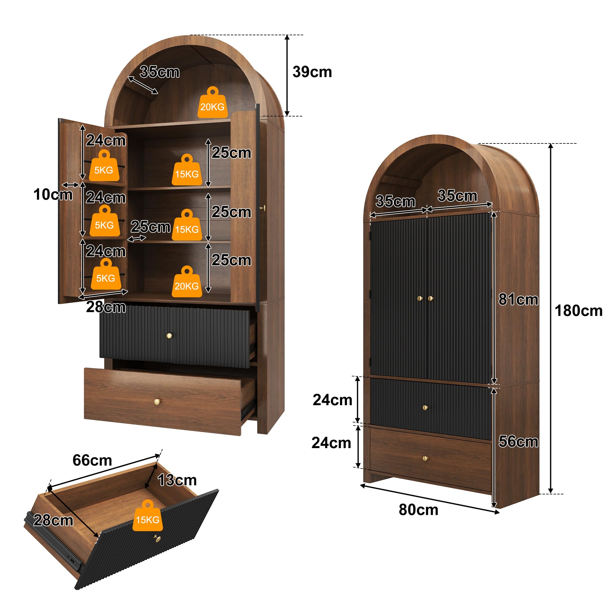 Armario arqueado 180 × 80 × 40 cm, vitrina, armario para vino, con estantes para puerta, compartimento superior abierto, 2 cajones, para cocina, comedor, salón, dormitorio, aspecto de nogal
