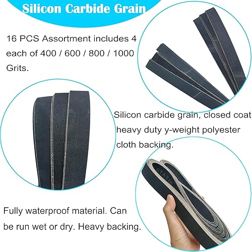 Miniatura 4 de Juego de 12 correas de lijado de carburo de silicio de 2 x 42 pulgadas, 400, 600, 800, 1000 granos, papel de lija de alto rendimiento para afilar